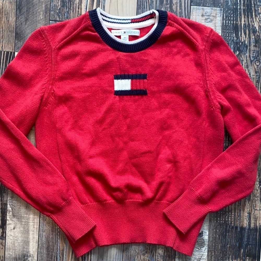 Vintage Y2K Tommy Hilfiger Red and Navy Sweater